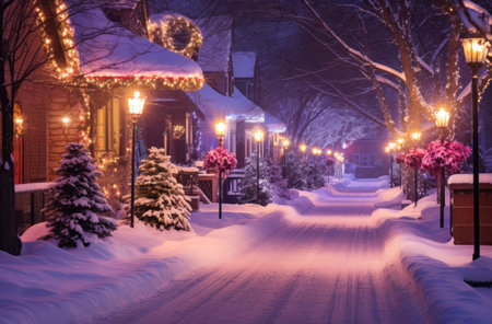 a snow covered city street covered with christmas lights,の素材