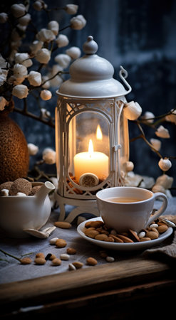 a white lantern with candles next to a coffee mug and candy, iの素材