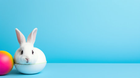 A playful image of a white bunny peeking out of a colorful Easter eggの素材