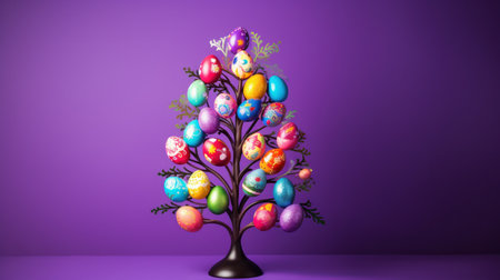 A vibrant image of a decorated Easter egg treeの素材