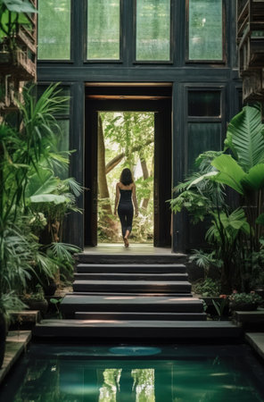 a woman walks up the staircase in front of the door to the pool,の素材