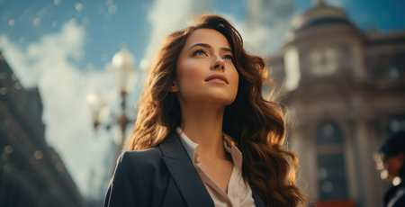 a woman in business is standing alone in a city,の素材
