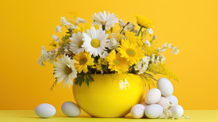 A vibrant Easter egg and flower arrangementの素材