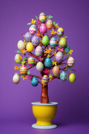 A vibrant image of a decorated Easter egg treeの素材