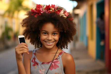 Portrait of a young African American woman holding mobile phoneの素材