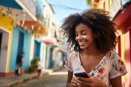 Young African American woman using mobile phone in the street.の素材
