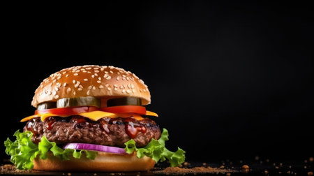 beef burger on black background with copy spaceの素材