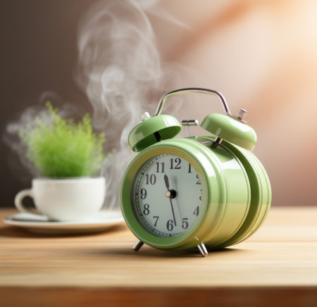 green alarm clock with smoke on backgroundの素材