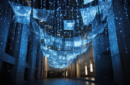 an area between buildings covered in blue lights,の素材