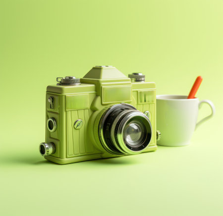 green camera with cup on green backgroundの素材