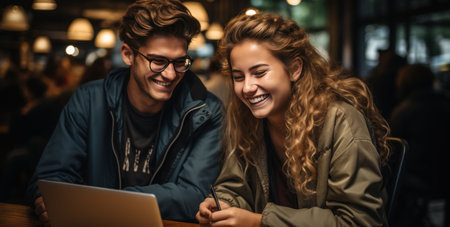 group of young adults sitting together with laptop in an officeの素材