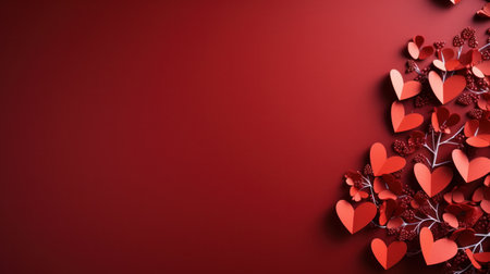 red paper hearts on red background with copy spaceの素材