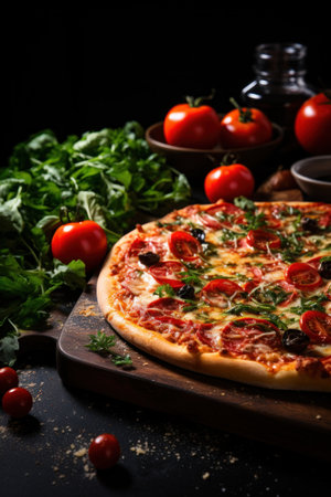 pepperinu pizza on black background with copy spaceの素材