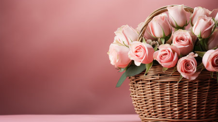 A beautifully arranged bouquet of spring flowers in a basket on a pastel pinkの素材