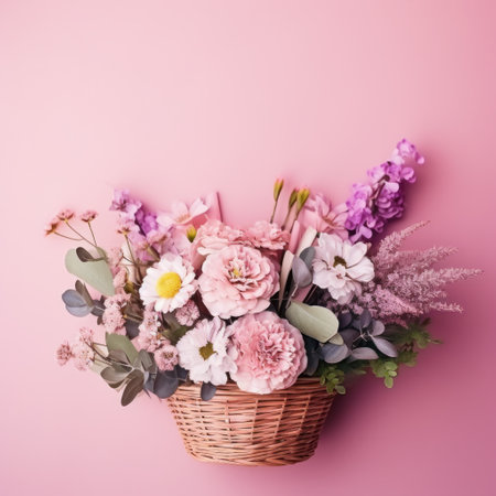 A beautifully arranged bouquet of spring flowers in a basket on a pastel pinkの素材