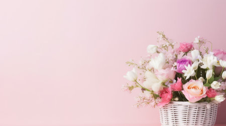 A beautifully arranged bouquet of spring flowers in a basket on a pastel pinkの素材
