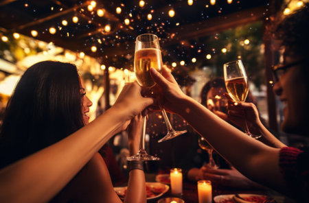 people celebrating with wine in an outdoor restaurantの素材