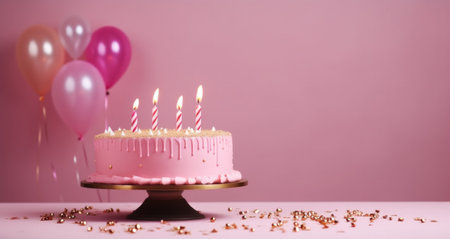 pink birthday cake on the pink background,