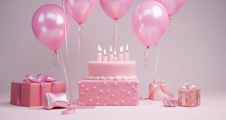 pink birthday cake on the pink background,の素材