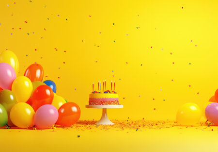 party table isolated on yellow background with colorful balloons around,の素材