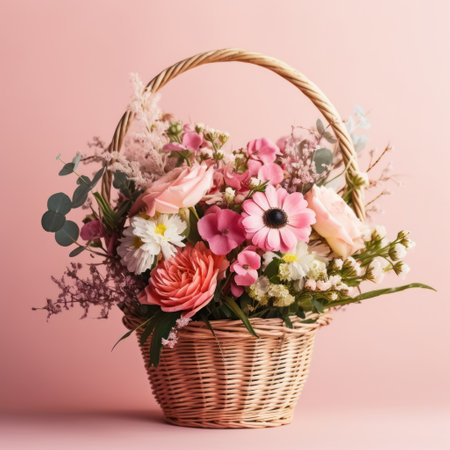 A beautifully arranged bouquet of spring flowers in a basket on a pastel pinkの素材