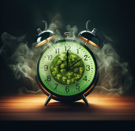 green alarm clock with smoke on backgroundの素材