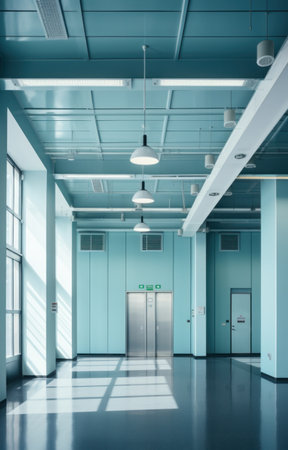 three blue and white doors in an empty office space,の素材