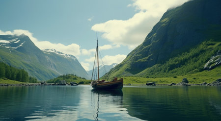 the boat is resting on the calm water beside a mountain, iの素材