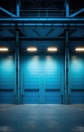 three blue garage doors are shown in the middle of the space, industrial design,の素材