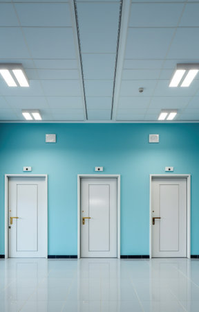 three blue and white doors in an empty office space,の素材