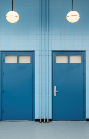 two blue doors in a blue decorated office,の素材
