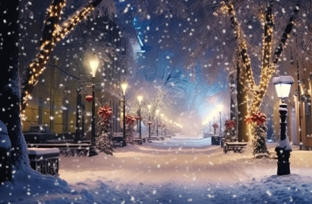 the snow, lights and Christmas scenesの素材