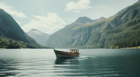 small boat on the lake in front of mountainsの素材