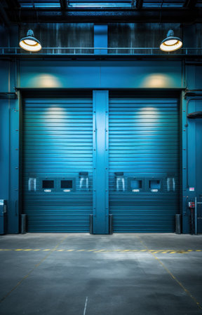 three blue garage doors are shown in the middle of the space, industrial design,の素材