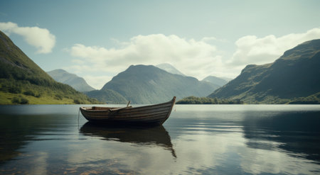 small boat on the lake in front of mountainsの素材