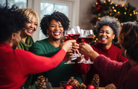 some women toasting and holding christmas glasses,の素材
