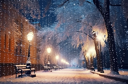 the snow, lights and Christmas scenesの素材
