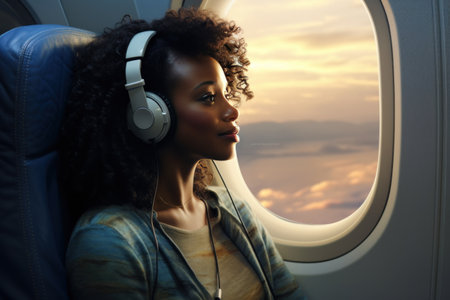 woman looking out window of airplane wearing headphones,の素材