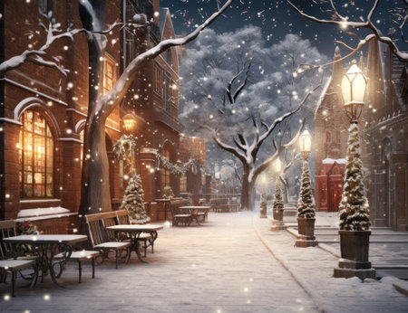 walk along the path decorated with snow and lights,の素材