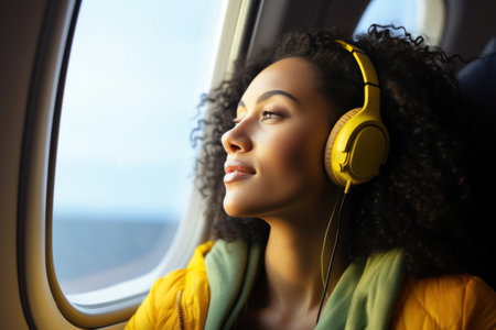 woman in earbuds looking out of an airplane window,の素材