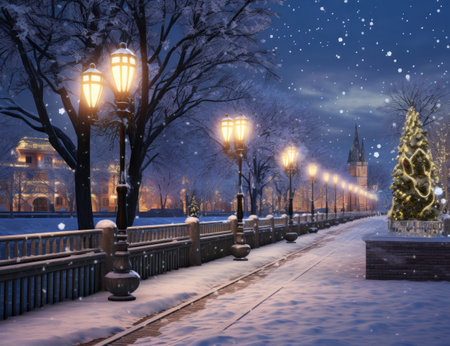 walk along the path decorated with snow and lights,の素材