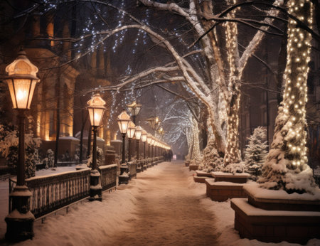 walk along the path decorated with snow and lights,の素材