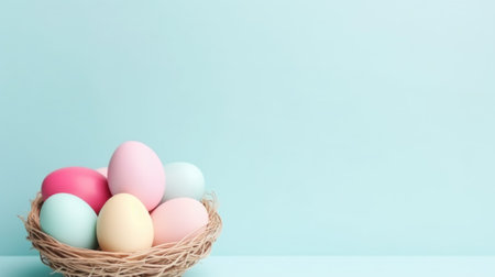 backet with easter colorful eggs, minimalist background,の素材