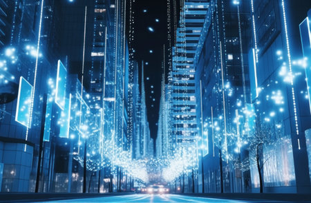 big city urban holiday lights are hanging in the street,の素材