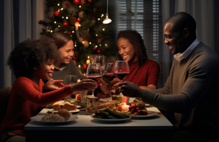 an older couple and two children toasting at Christmas dinner,の素材