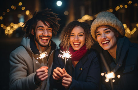 group of people hold sparklers for new year celebrations together,の素材