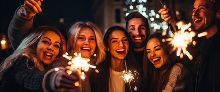group of people hold sparklers for new year celebrations together,の素材