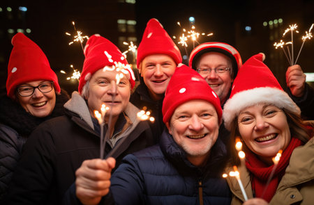 group of people hold sparklers for new year celebrations together,の素材