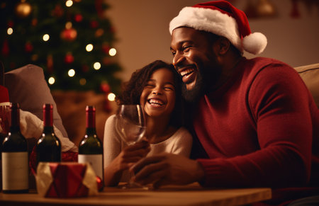 family enjoying christmas with a festive bottle of wine, in the style of bold colorism,の素材
