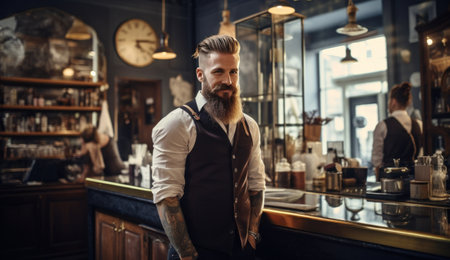 man with beard behind the counter at barber shopの素材